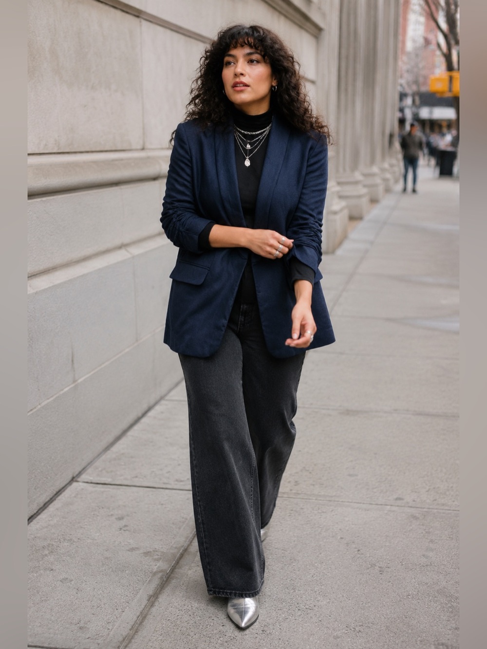 Tahari Navy Linen Ruched Sleeve Blazer 14P Quiet Luxury